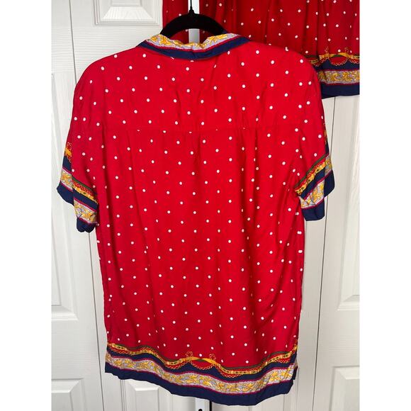 80s Lizsport Rayon Preppy Quiet Luxury Blouse Short Set Petite Small Red Blue - Picture 5 of 9